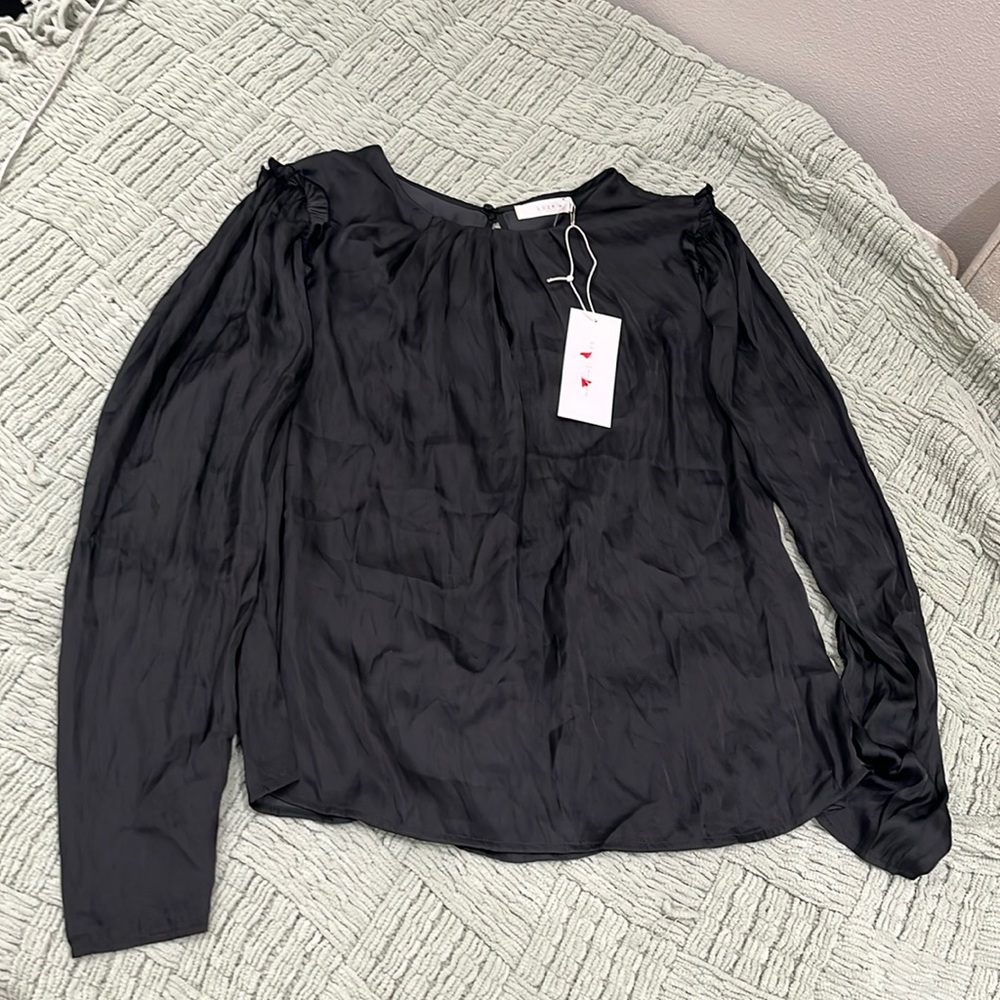 Lush Long Sleeve Satin Top Blouse Black Womens M Ruffle Trim Pullover Casual NWT